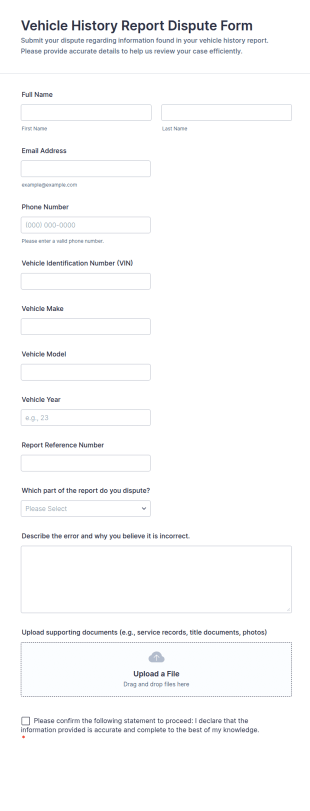 Vehicle History Report Dispute Form Template