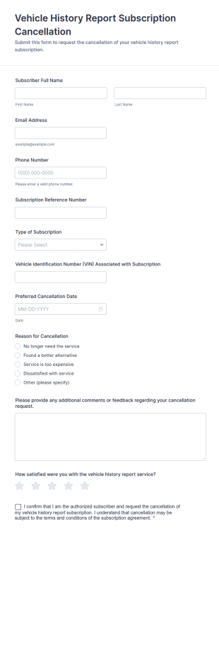 Vehicle History Report Subscription Cancellation Form Template