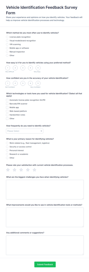 Vehicle Identification Feedback Survey Form Template