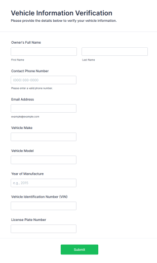 Vehicle Information Verification Form Form Template