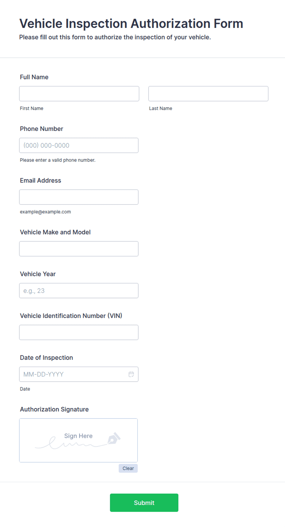 Wsp Inspection Form Vehicle Inspection Authorization Form Template | Jotform