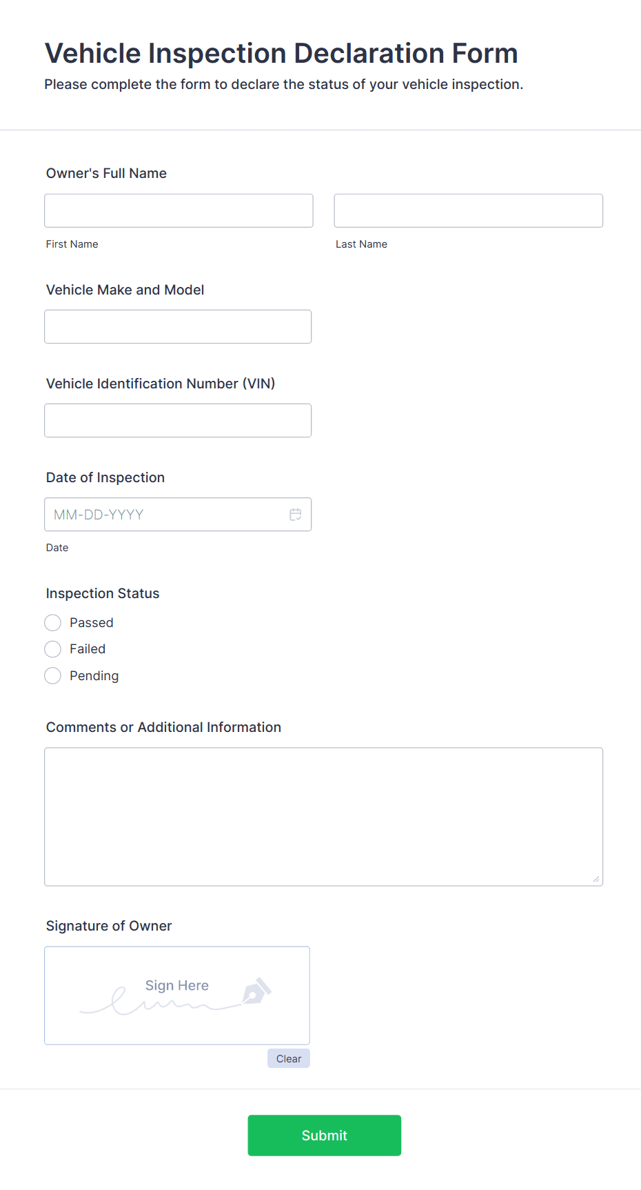 Vehicle Inspection Declaration Form Template | Jotform