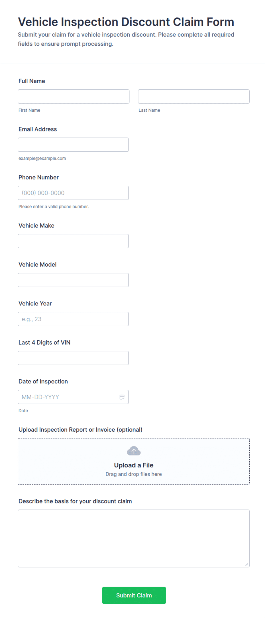 Example Insection Report Form Vehicle Inspection Discount Claim Form Template | Jotform