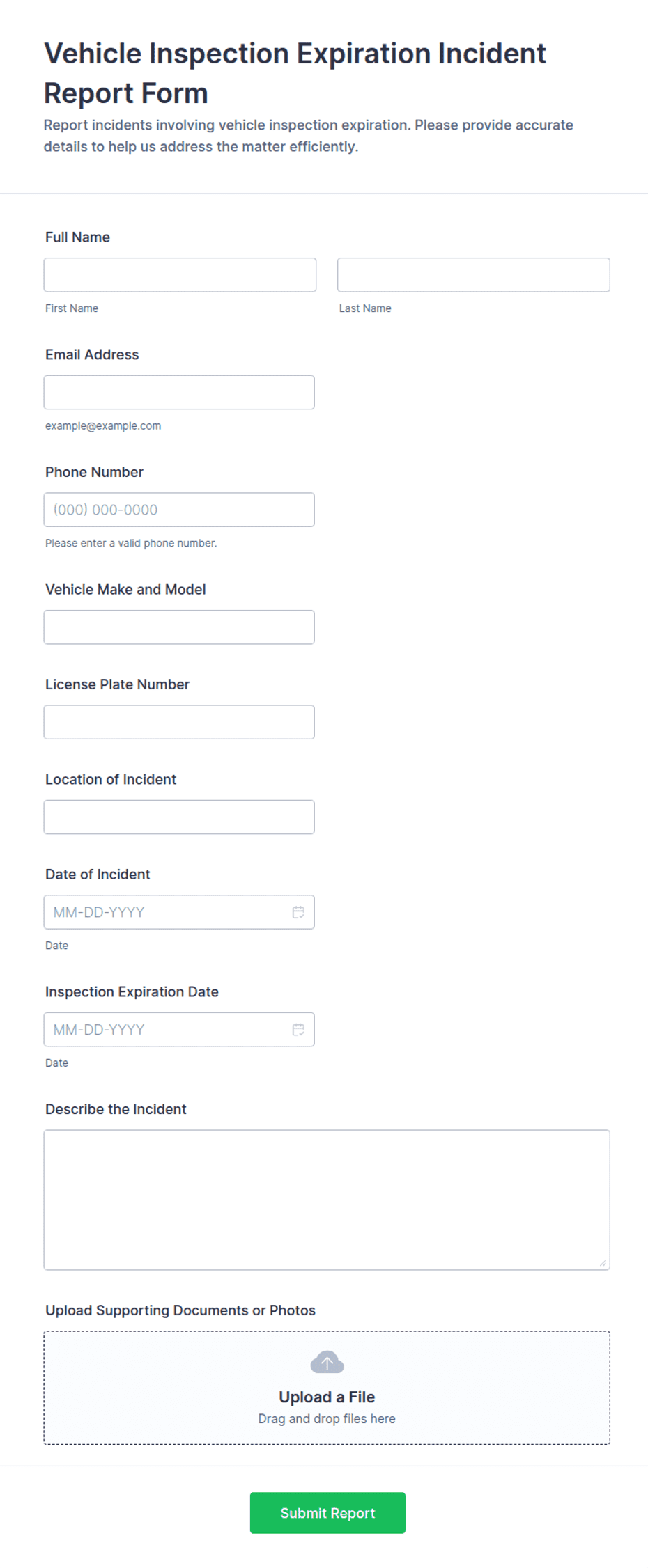 Vehicle Inspection Expiration Incident Report Form Template | Jotform