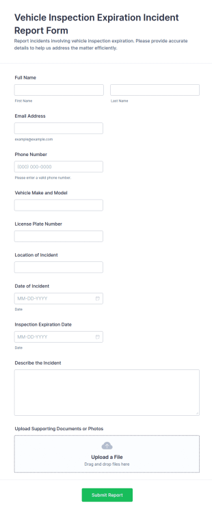 Vehicle Inspection Expiration Incident Report Form Template