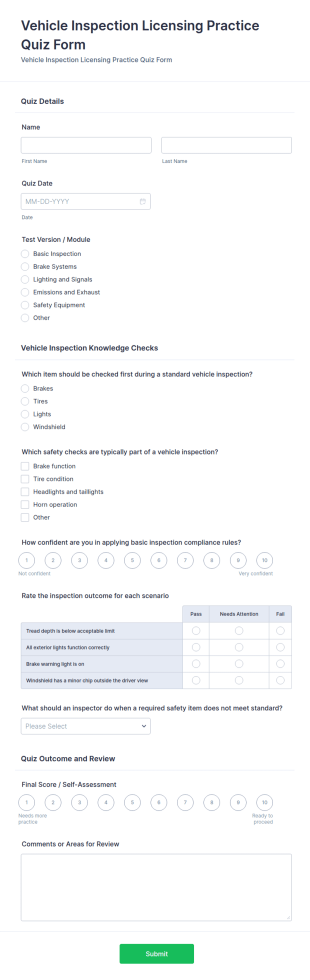 Vehicle Inspection Licensing Practice Quiz Form Template