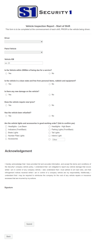 Start Of Shift Vehicle Inspection Report Form Template