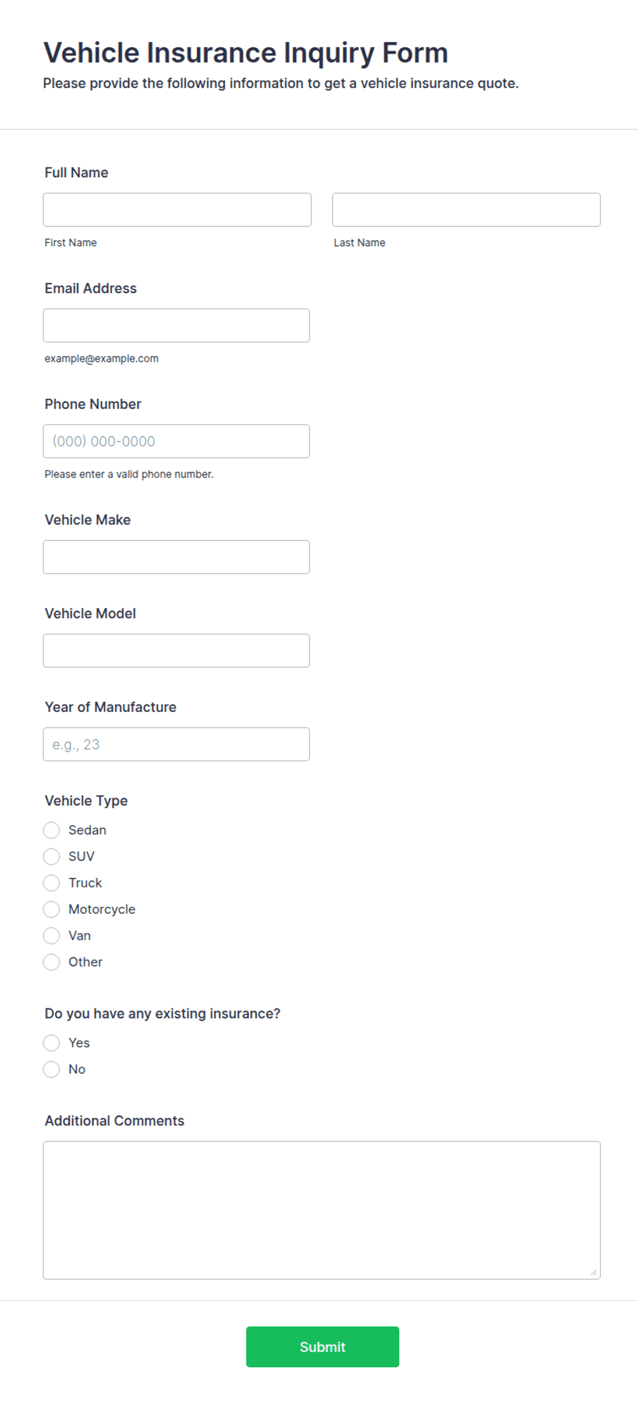 Insurance Inquiry Form Vehicle Insurance Inquiry Form Template | Jotform