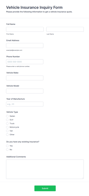 Vehicle Insurance Inquiry Form Template
