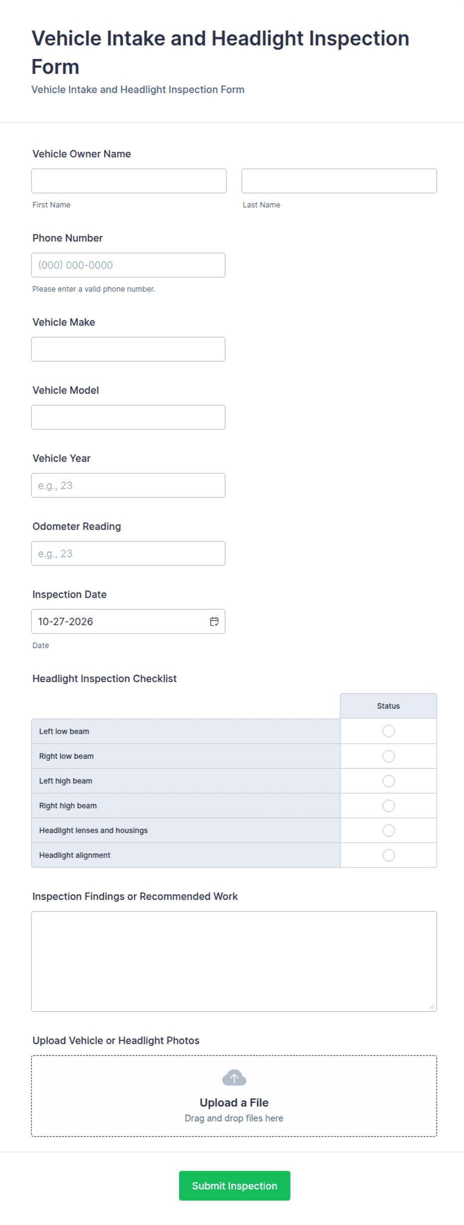 Vehicle Intake and Headlight Inspection Checklist Form Template | Jotform
