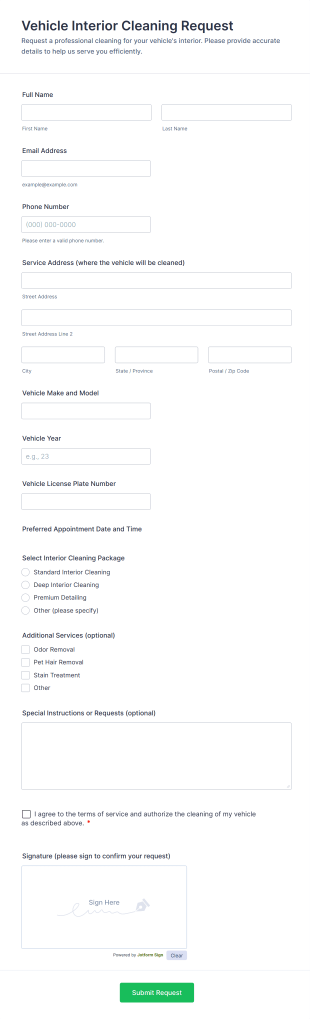 Vehicle Interior Cleaning Request Form Template