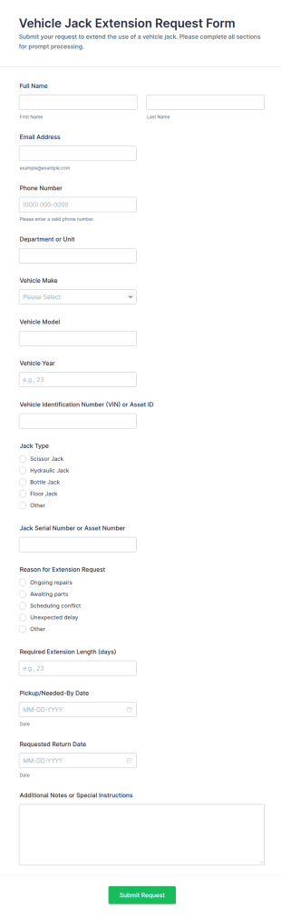 Vehicle Jack Extension Request Form Template