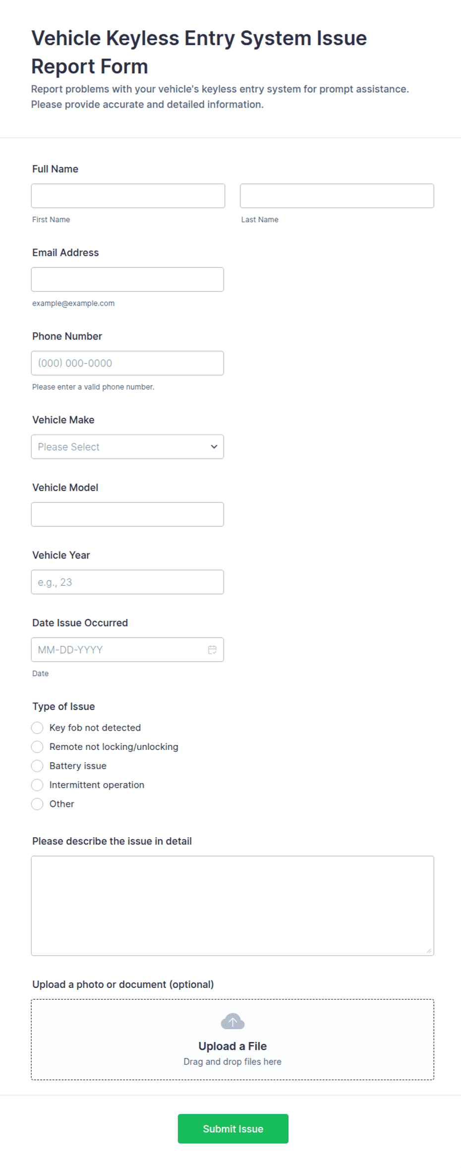 Vehicle Keyless Entry System Issue Report Form Template | Jotform