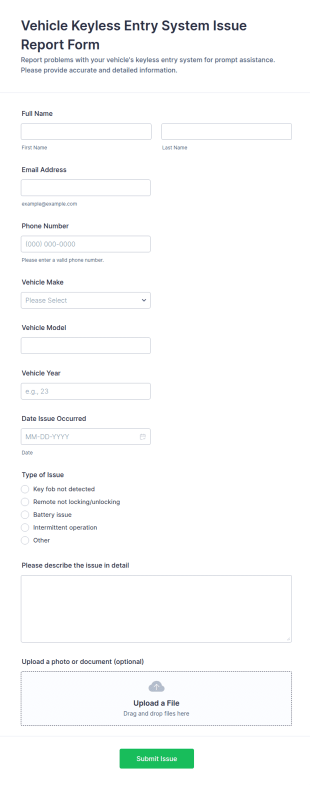 Vehicle Keyless Entry System Issue Report Form Template