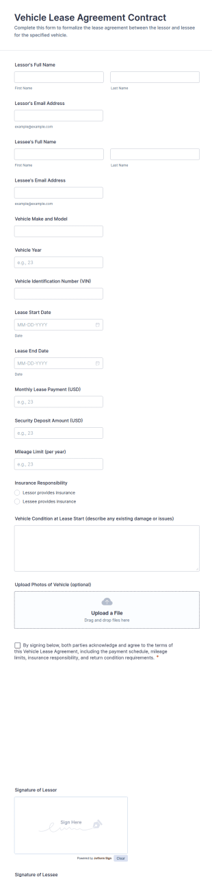 Vehicle Lease Agreement Contract Form Template