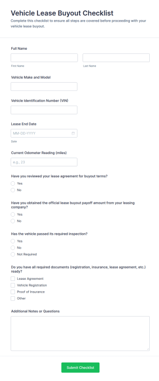 Vehicle Lease Buyout Checklist Form Template