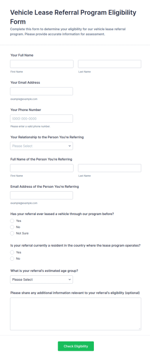 Vehicle Lease Referral Program Eligibility Form Template