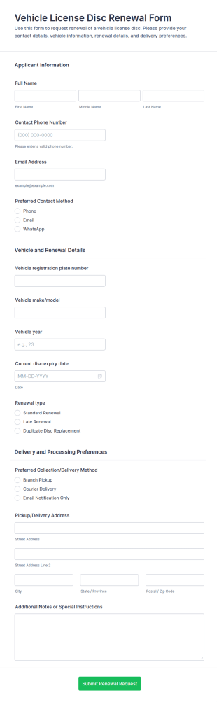 Vehicle License Disc Renewal Form Template
