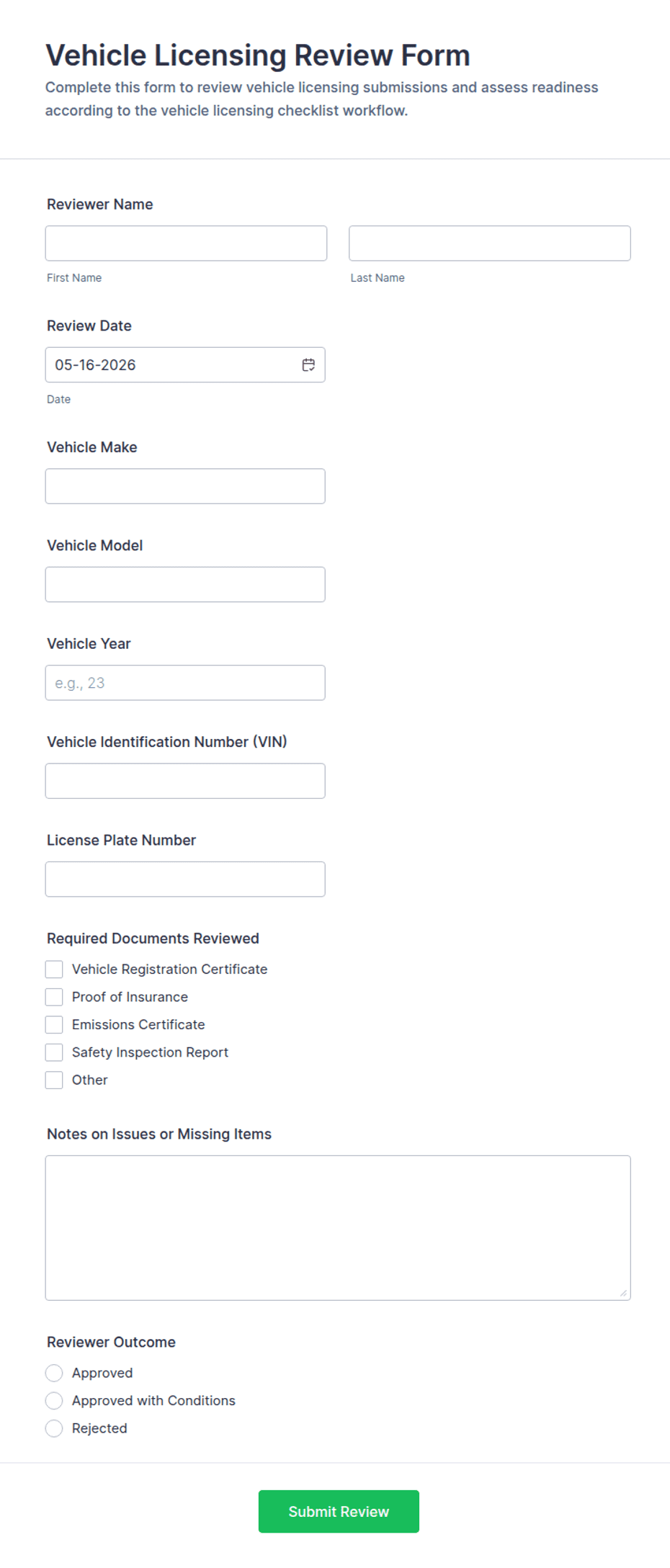 Vehicle Licensing Review Checklist Form Template | Jotform