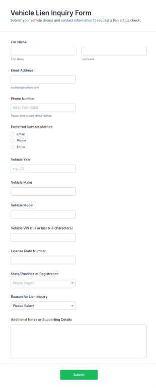 Vehicle Lien Inquiry Form Template