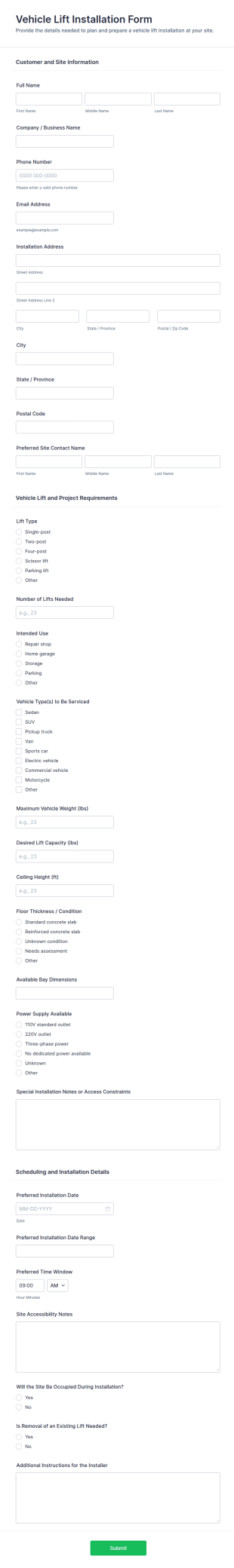 Vehicle Lift Installation Form Template