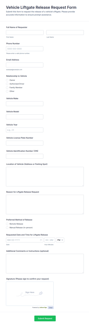 Vehicle Liftgate Release Request Form Template