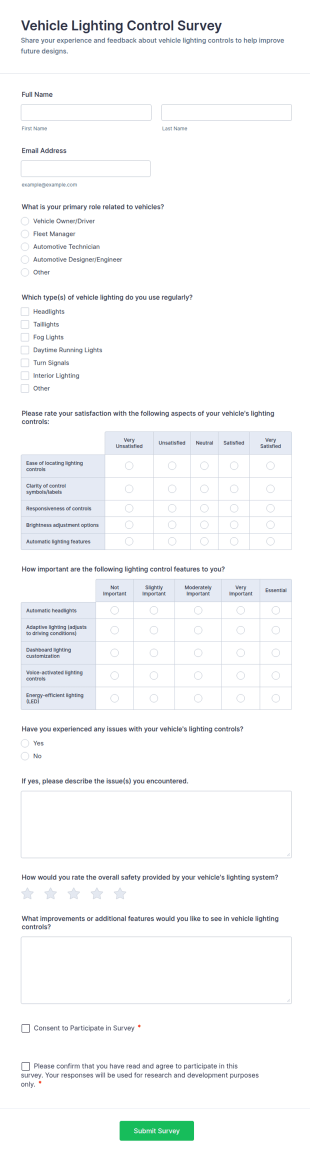 Vehicle Lighting Control Survey Form Template