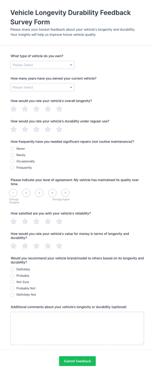 Vehicle Longevity Durability Feedback Survey Form Template