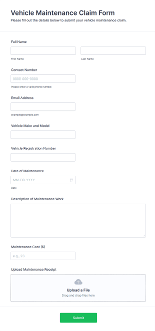 Vehicle Maintenance Claim Form Template