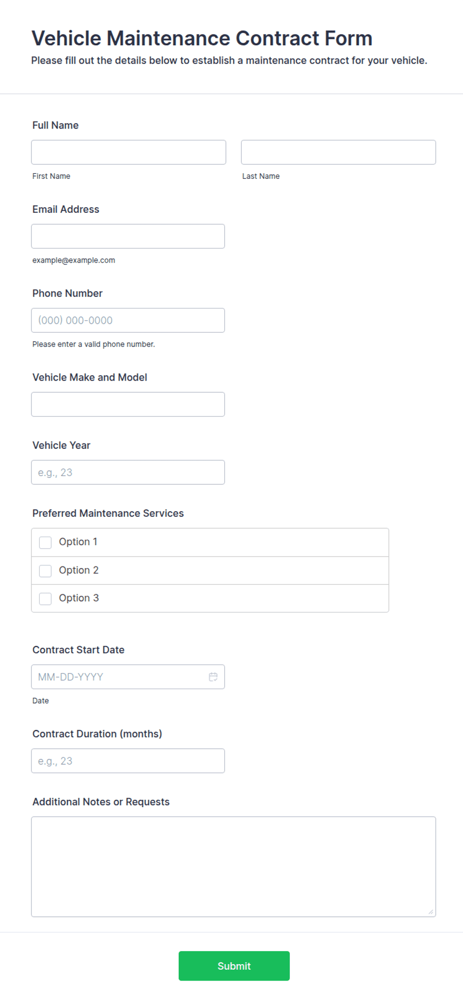Vehicle Maintenance Contract Form Template | Jotform