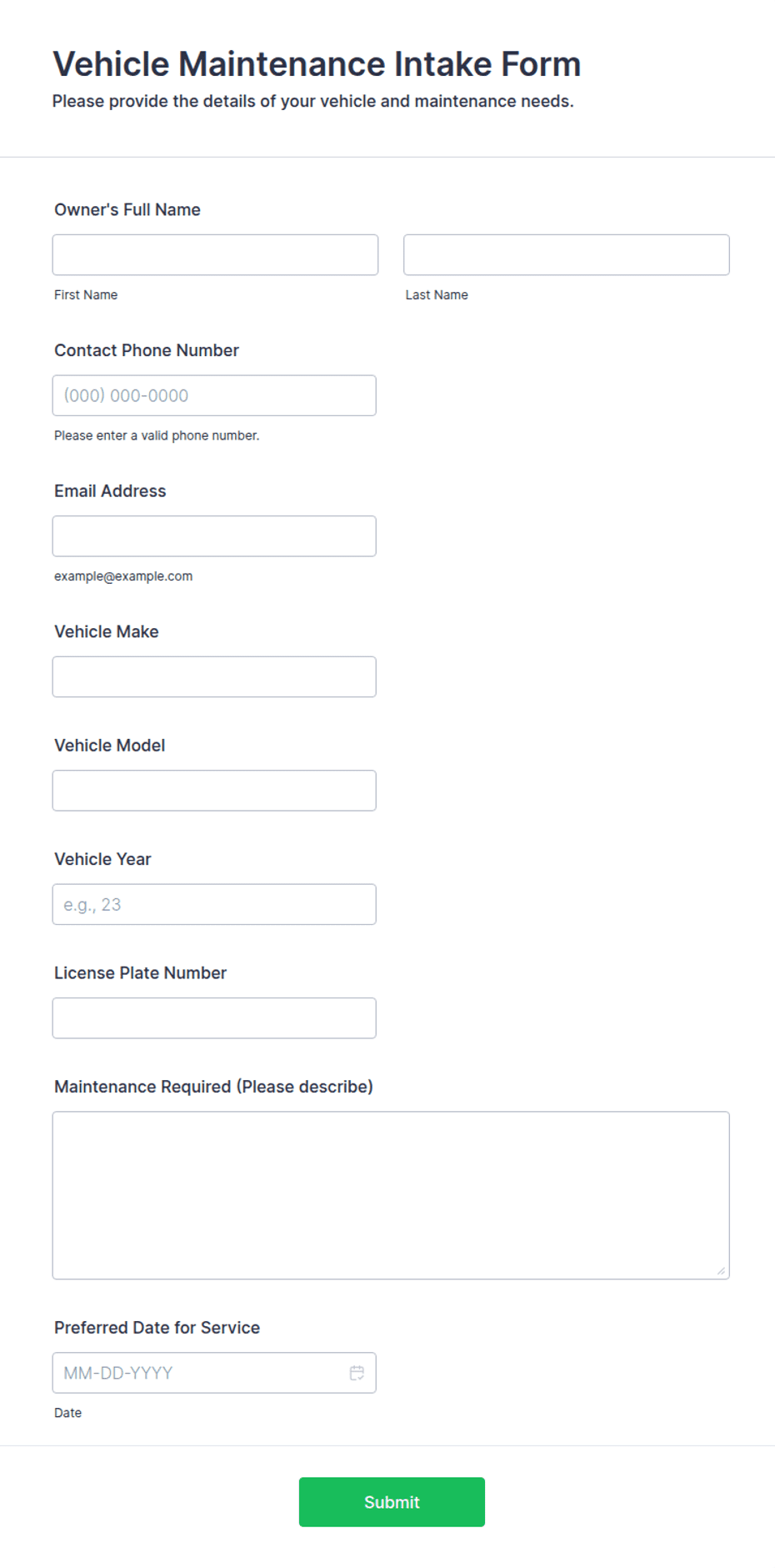 Vehicle Intake Form Pdf Vehicle Maintenance Intake Form Template | Jotform