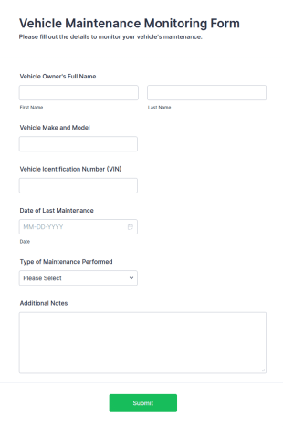 Vehicle Maintenance Monitoring Form Template