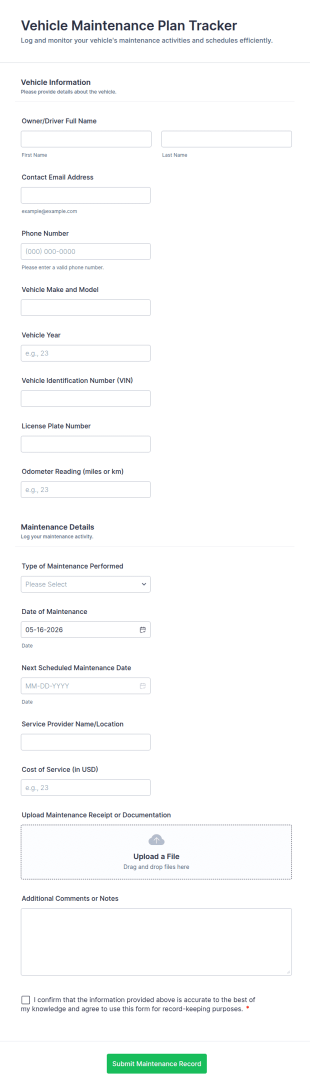 Vehicle Maintenance Plan Tracker Form Template