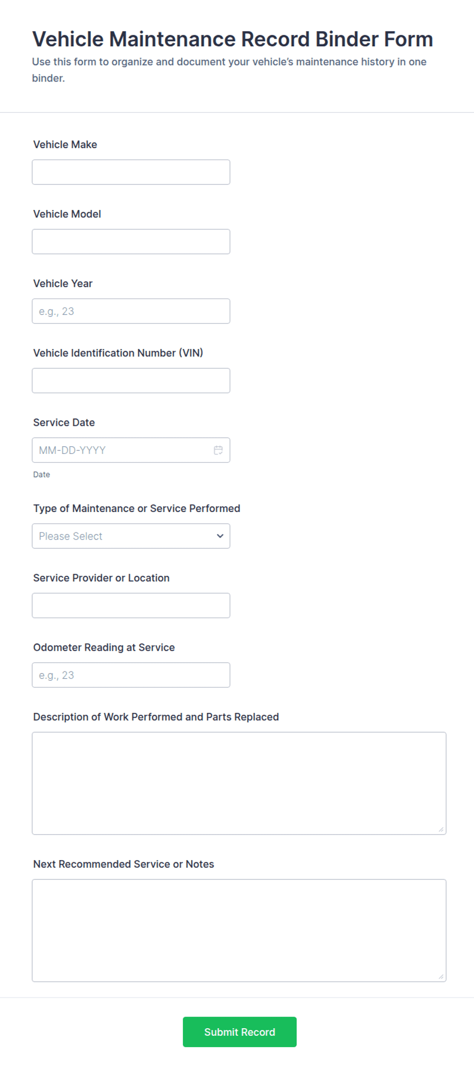 Vehicle Maintenance Record Binder Form Template | Jotform