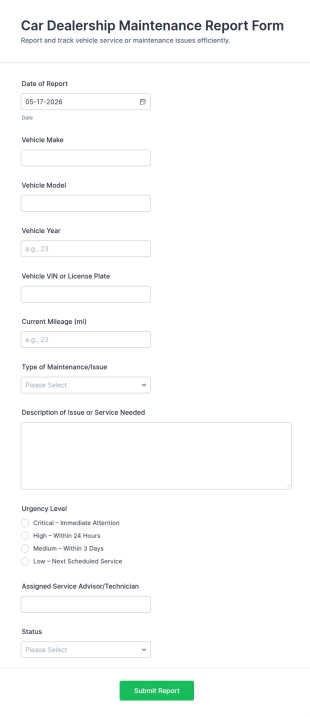 Vehicle Maintenance Report Form Template