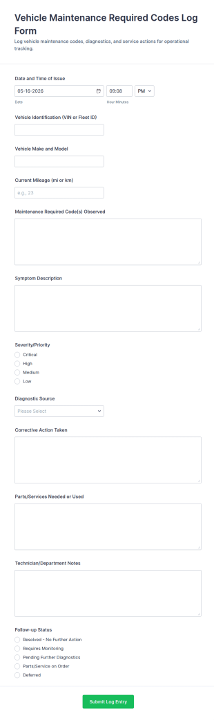 Vehicle Maintenance Required Codes Log Form Template