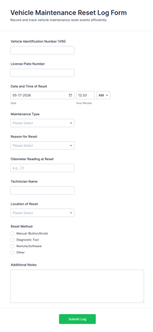Vehicle Maintenance Reset Log Form Template