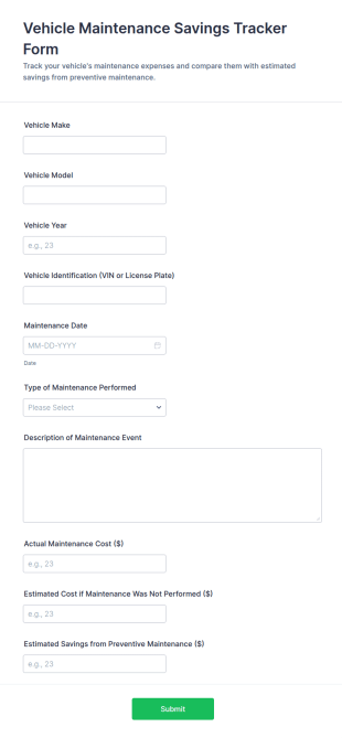 Vehicle Maintenance Savings Tracker Form Template