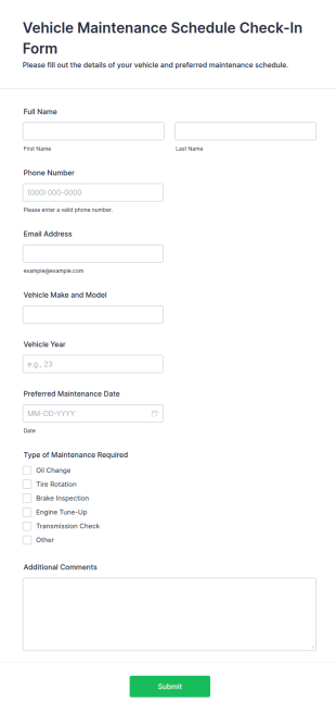Vehicle Maintenance Schedule Check In Form Template