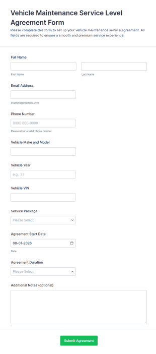 Vehicle Maintenance Service Level Agreement Form Template