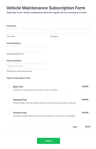 Vehicle Maintenance Subscription Form Template