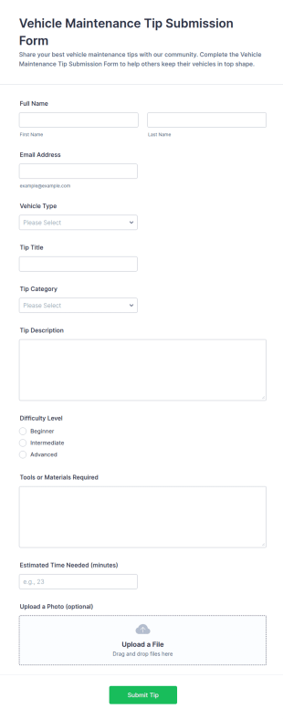 Vehicle Maintenance Tip Submission Form Template