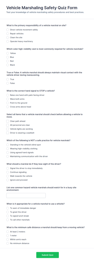 Vehicle Marshaling Safety Quiz Form Template