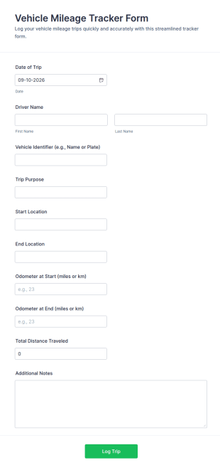 Vehicle Mileage Tracker Form Template