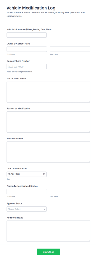 Vehicle Modification Log Form Template