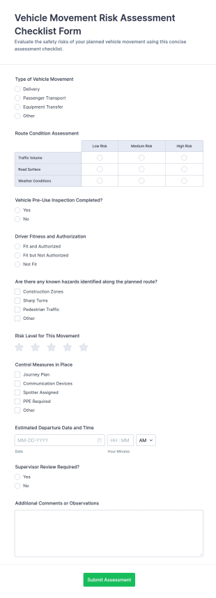 Vehicle Movement Risk Assessment Form Template