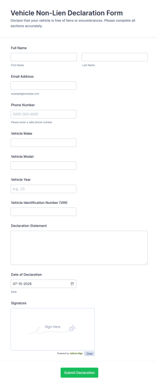 Vehicle Non Lien Declaration Form Template