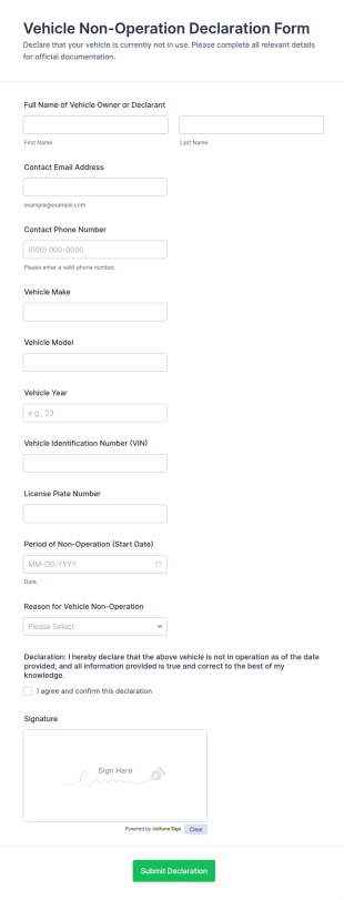Vehicle Non Operation Declaration Form Template