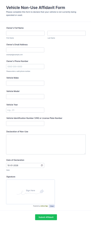 Vehicle Non Use Affidavit Form Template