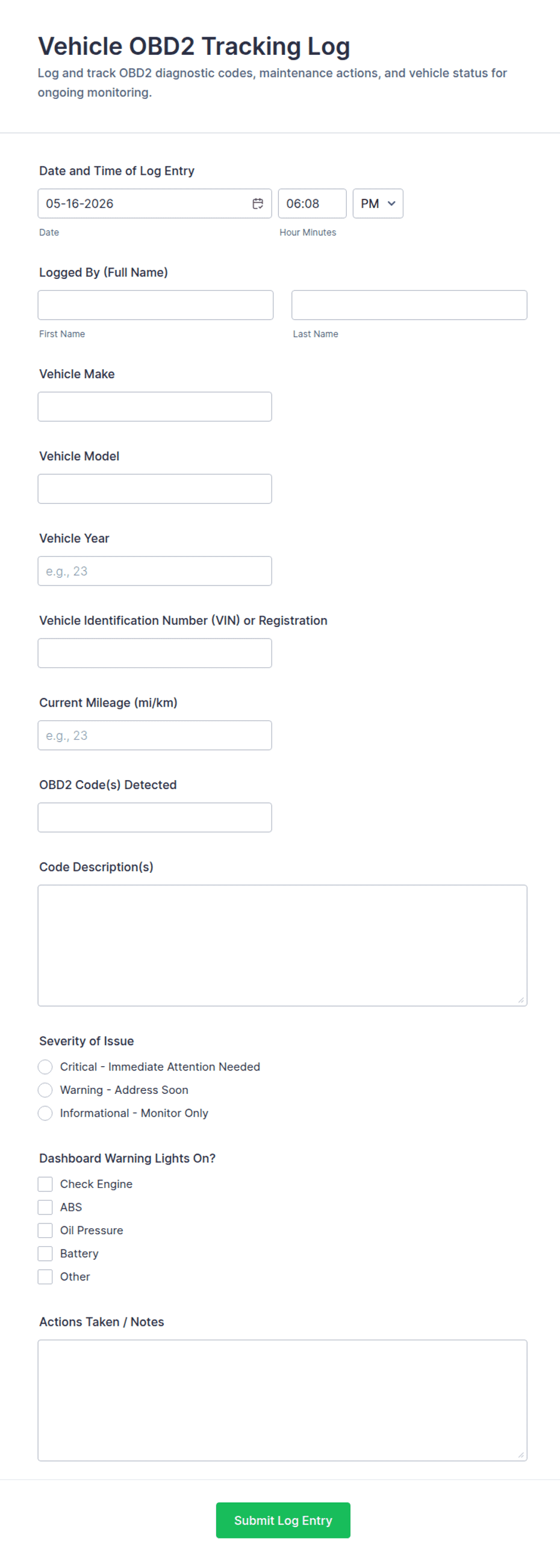 Vehicle OBD2 Tracking Log Form Template | Jotform
